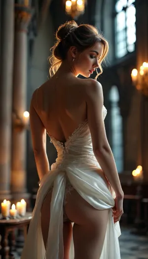 Close up Back view of a sexy bride wearing a sexy white satin wedding dress, back only view no face, 32k ultra realistic, highres, lifting dress to show amazing ass in white stockings and white satin panties and white high heels, extreme detail, slim fit body. Small perfect ass, masterpiece, beautiful quality, walking away from viewer in an old dark candlelit cathedral, back, round ass, dark lighting photography, shadows, view from below, <lora:BUT_SDXL_SHS:1.2>, <lora:MJ52:.1>, <lora:add-detail-xl:1>