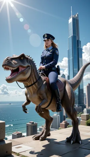 a small peaceful Tyrannosaurus Rex as steed ridden by colossal female Policeofficer, tyrannosaurus in full motion, (fully-dressed busty beauty, very tall), seated tall on dinosaurs back, looming over skyscraper in the city, very high platform-heels, sunny blue sky, godrays in the distance, breaking through the clouds, iluminating the wide ocean in the background, illustration, depth of field, unreal engine, collared