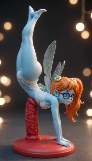 high quality fantasy art of a beautiful adorable super cute femboy fairy made of red snow, glowing within, delicate figurine, kawaii, chibi, adorable, ginger, glasses, big ass, flexible, spreading legs, arched back upwards, goth, 30 year old, wery long hair, (skinny:2), (belly bulge:1.4), futa masturbate your huge horsepenis, ginger heir, Squatting, (((Giant pussy BlackDildo))), hyper massive huge extreme insane pussy dildo, extreme pussy insertion, Largest dildo possible, huge pussy toy, full body view, extremely wide dildo too big for futa and stretches pussy to breaking point, hyper extreme dildo wider than her thigh, pussy dildo, extreme insertion, hyper insertion, Biggest dildo imaginable, show full body in view, tiny odd little pixie, long spindly arms and mantis-like proportions, no pupils, glowing eyes, anime style, blue skin, f/1.4 lens, bokeh, tiny Daisy fairy princess, insect wings, see-through gossamer, in heat, in a video game, bombshell hair, glowing ginger hair, side ponytail, handstand, <lora:EnvyPixieXL01:1.7>