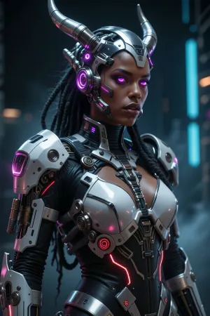 Highly detailed cinematic portrait of a fierce cyberpunk female warrior, dark bronze skin, sharp facial features, full lips, intense glowing magenta-pink cybernetic eyes. She wears an intricate biomechanical silver-white and black armor with glowing red energy accents and complex mechanical details. Elaborate futuristic helmet with two large curved metallic horns featuring purple glowing elements, long thick black dreadlocks flowing down her back and shoulders. Form-fitting segmented torso armor with prominent white chest plates, large armored pauldrons, mechanical straps, cables and panels. Dramatic three-quarter view, slight low angle, confident pose, looking to the side. Dark moody futuristic background with blurred blue vertical structures and atmospheric haze. Cinematic volumetric lighting, strong contrast, realistic metal textures, intricate mechanical details, sharp focus, photorealistic rendering, masterpiece, best quality, ultra detailed, 8k in the style of detailed sci-fi concept art, digital painting