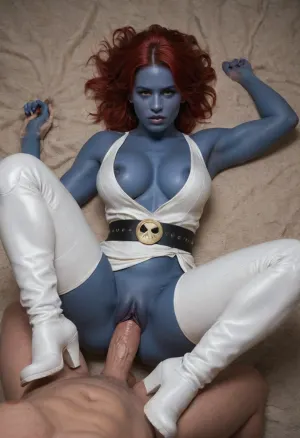 ((mystique from X-Men)), (dark blue skin:1.5), long dark red hair, (bumpy skin), dominant female, bare shoulders, fat ass, thin waist, a skimpy white bodysuit, white boots, and a signature gold skull belt/sash, (large woman), (huge hips), laying on side, spreading legs, (old man:1.8), (side vaginal sex, thick wrinkly old dick:1.3), masterpiece, best quality, highly detailed, Mystique, X-Men, <lora:Mystique X-Men:2>