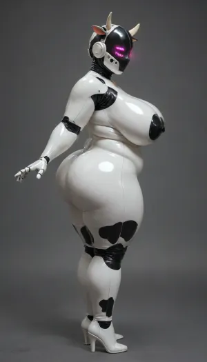 one woman, heavy colar, Future Sex monster fat doll, Cow ears, Like a cow human, perfect bbw Body, full covered in cow and transparent Latex, trnsparent clothed, wiev nipples, full body latex, latex head and mask, big tits, extrem obesity, bbw, fat women with extra big tits, hands outstretched, front Screen, ((front view, side view, rear view)), Robot, Skin, Android, <lora:odinTurnXL_v1:.2>, <lora:robot_skin_XL_1.0.6:.8>