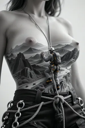 A highly detailed, monochromatic, photorealistic scene where an adult woman’s upper nude body is transformed into a surreal landscape, her form serving as the backdrop for a tiny climber, about three centimeters tall, dressed in full climbing gear, the miniature mountaineer ascends the woman’s body, using ropes and climbing equipment, every detail of the tiny climber and his gear is sharply in focus, while the woman’s form remains softly blurred in the background, creating a striking contrast, the scene emphasizes the adventurous journey of the tiny climber against the vast, surreal landscape of the woman’s body, the focus is on the detailed texture of the climbing gear and the tiny figure, with the woman’s body providing a dreamlike, surreal backdrop, the entire composition is in monochrome, ensuring a cohesive and artistic atmosphere, longnips