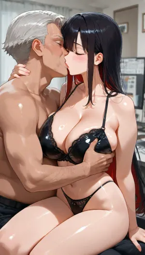 (Glossy liner anime style:1.8), in office, Asian woman wearing black lingerie and thong is sitting on old man's thigh, hugging him on the neck, they are kissing, old man is groping and squeezing on her breast, long loose hair, slim and slender body, old fat man, office, kissing, cleavage, (High, Resolution), (More, Details), (8K), <lora:checkpoint-e100_s400:1.8>, <lora:kohaku_delta_style_colorful_spv5x:1.8>