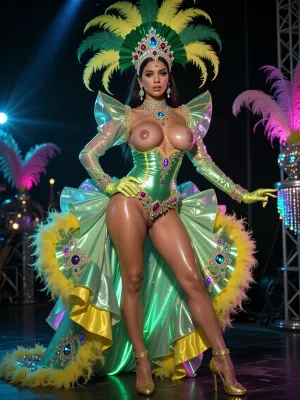 (front view picture of a 1990s extremely busty porn star deep dancing samba on a stage), . Brazilian Carnival parade.

Woman is 25yo, 1990 porn star. Ultra-detailed, exquisite face. Huge perky fake pornstar tits with erect nipples. Ultra-glam sequined Brazilian Carnival costume with plunging cleavage in electrifying green and yellow with a high-gloss wetlook finish, glowing under vivid neon lighting. Sculpted corset-style bodice made of radiant lacquered satin, drenched in rhinestones, ruby crystals, sequins, glittering metallic beading, and reflective wet-shine accents that intensify the neon glow. Long flowing angel sleeves of sheer sparkling chiffon with glossy, liquid-like shimmer.

Massive showgirl puffball skirt and feathered backpiece transformed with wetlook coating and iridescent neon edges, layered satin ruffles, jeweled embroidery, and a dramatic crystal-studded train that glows under ultraviolet and neon highlights. Oversized showgirl headdress, towering green-and-yellow ostrich plumes with neon tips, rhinestone detailing, and a gem-encrusted crown base emitting soft neon reflections.

Accessories include glossy satin opera gloves with wetlook sheen, huge rhinestone chandelier earrings, neon-reactive gemstone necklaces, glittering bracelets, sequined golden louboutin stiletto high heels. Added elements, glowing feather plumes, sparkling fringe that flickers with neon bursts, reflective crystal accents, and stage-flare gleam effects. Overall aesthetic, hyper-luminous, futuristic, electrified showgirl glamour—classic Vegas meets neon nightclub fantasy. Shot with dramatic neon stage lights, wet-shine reflections, UV glow, and hyper-detailed textures.

She is looking straight at the viewer., (Happy:3)