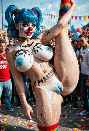 22 year old cute clown girl is fully nude, completely naked in public., (Her nude body is painted white), (((pale white body))), She is completely painted white, (((white body paint))), . She is wearing clown makeup and blue sneakers, (rainbow colored thigh high socks), ((blue painted nipples)), (((clown makeup))), clown nose, ((nipple piercings)), naval piercing, visible pussy, ((blue painted pussy)), She has massive natural breasts. ., ((She has messy blue hair in pigtails with thick bangs)), . She is making a nervous smile., cheering crowd around her, ((crowd is taking photos of her)), ((doing standing splits)), making peace sign, looking back at viewer, wide shot outdoors, ((parade)), candid cellphone photo, ((balloons and confetti))