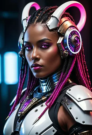 Highly detailed cinematic portrait of a fierce cyberpunk female warrior, dark bronze skin, sharp facial features, full lips, intense glowing magenta-pink cybernetic eyes. She wears an intricate biomechanical silver-white and black armor with glowing red energy accents and complex mechanical details. Elaborate futuristic helmet with two large curved metallic horns featuring purple glowing elements, long thick black dreadlocks flowing down her back and shoulders. Form-fitting segmented torso armor with prominent white chest plates, large armored pauldrons, mechanical straps, cables and panels. Dramatic three-quarter view, slight low angle, confident pose, looking to the side. Dark moody futuristic background with blurred blue vertical structures and atmospheric haze. Cinematic volumetric lighting, strong contrast, realistic metal textures, intricate mechanical details, sharp focus, photorealistic rendering, masterpiece, best quality, ultra detailed, 8k in the style of detailed sci-fi concept art, digital painting