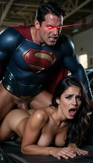 Realistic scene, movie-like, dramatic. Superman, (extremely muscled, brillant super flashy red laser eyes, very angry face, teeth visible), (clothed but cock visible), is fucking violently with big cock from behind a sexy metis woman. She is leaning over a car, lying on her arms, very shocked, afraid, in pain, she cries for help, her mouth open at the maximum, tears with make up