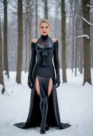 Erstellen Sie eine bezaubernde Szene, in der Prinzessin Elsa aus Disneys Die Eiskönigin als, (((Domina)), dargestellt wird, während sie elegant, (((schwarze Latexsuite))), in einem Winterwunderland steht. Sie fängt das sanfte Licht des Mondlichts ein, das über Ihren Rücken fließt und die Ekstase hervorhebt Atmosphäre der zauberhaften Schneelandschaft mit sanft fallenden Schneeflocken.)