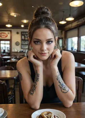 25 year old woman waitress long brown hair up in loose bun, very large thick hoop earrings made of wood, (nose rings:1), heavy makeup, winged eyeliner, cat eye eyeliner, lots of purple eye shadow, smiling, wearing black tank top, in restaurant, tattoos on arms