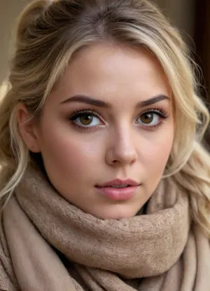 1girl, seductive brown eyes, perfect eyes, close-up eyes, (blond), wavy ponytail, fluffy scarf, elegant, cute, chubby, busty, soft and tender, dynamic angle