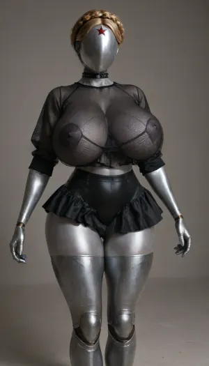twins from atomic heart, full metallic body, full metallic robot body, full metallic skin, faceless, no eyes, no mouth, no nose, mega busty, massive huge mega breasts, massive tits, gigantic breasts, erected nipples, black nail polish, black choker, ultra beautiful woman, ultra detailed textures, perfect long legs, long and hard nipples, big roung bubble butt, bulging ass, hour glass figure, thick thighs, beautiful long legs, BadX, woman, robot, joints, blond, hair, thighhighs, redstar, on, forehead, bodysuit, thigh, gap, large, breast, reflexion, metallic, (wearing goth top, goth skirt, fishnet shirt:1.5), <lora:Venus_Body_Alpha:.8>, <lora:Twins1024:.8>, <lora:EnvyMetallicXL01:.8>