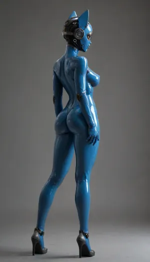 Future Sex doll, Cat ears, Like a Cat human, perfect Body, full covered in blue Latex, full body latex, big tits, Split Screen, ((front view, side view, rear view)), Robot, Skin, Android, <lora:odinTurnXL_v1:.2>, <lora:robot_skin_XL_1.0.6:.8>