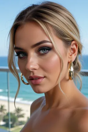 A closeup sensual portrait of a sultry mistress with a sharp focus on her stunning eyes, a tantalizing smirk raising the corner of her plump full lips, curiously inviting expression with an eyebrow lifted inquisitively.

She stands seductively on the glass-railed balcony of her modern high-rise penthouse apartment overlooking an oceanfront beach, brilliant blue skies and water reaching to the horizon.

She has slender build with a long elegant neck.

Her luxurious sandy-blonde hair is styled in a sexy swept-back look, with loose strands of hair framing her face, large heavy golden hoop earrings dangle from her ears, her dark eyebrows contrasting with her hair and eyes. Her large expressive eyes lock you with smokey and sultry gaze, mesmerizing pale blue eyes with subtle silver flecks, accented by long thick eyelashes, bold winged eyeliner, and heavy charcoal-look eye-shadow., (expressive eyes, detailed iris, sharp limbal rings:1.2), , (layered composition, rule of thirds framing oriented to eyes), , (subsurface scattering:.8), (natural sheen:.7), (photorealistic skin, vellus hair:.6), , (masterpiece, raw photography, uncompressed, maximum quality)