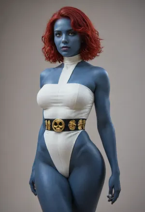 ((mystique from X-Men)), (dark blue skin:1.5), long dark red hair, (bumpy skin), dominant female, bare shoulders, fat ass, thin waist, a skimpy white bodysuit, and a signature gold skull belt/sash, (large woman), (huge hips), masterpiece, best quality, highly detailed, Mystique, X-Men, <lora:Mystique X-Men:2>