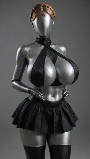 twins from atomic heart, full metallic body, full metallic robot body, full metallic skin, faceless, no eyes, no mouth, no nose, mega busty, massive huge mega breasts, massive tits, gigantic breasts, erected nipples, black nail polish, black choker, ultra beautiful woman, ultra detailed textures, perfect long legs, long and hard nipples, big roung bubble butt, bulging ass, hour glass figure, thick thighs, beautiful long legs, BadX, woman, robot, joints, blond, hair, thighhighs, redstar, on, forehead, bodysuit, thigh, gap, large, breast, reflexion, metallic, (wearing goth halter top, goth skirt:1.5), <lora:Venus_Body_Alpha:.8>, <lora:Twins1024:.8>, <lora:EnvyMetallicXL01:.8>