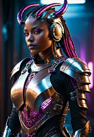 Highly detailed cinematic portrait of a fierce cyberpunk female warrior, dark bronze skin, sharp facial features, full lips, intense glowing magenta-pink cybernetic eyes. She wears an intricate biomechanical silver-white and black armor with glowing red energy accents and complex mechanical details. Elaborate futuristic helmet with two large curved metallic horns featuring purple glowing elements, long thick black dreadlocks flowing down her back and shoulders. Form-fitting segmented torso armor with prominent white chest plates, large armored pauldrons, mechanical straps, cables and panels. Dramatic three-quarter view, slight low angle, confident pose, looking to the side. Dark moody futuristic background with blurred blue vertical structures and atmospheric haze. Cinematic volumetric lighting, strong contrast, realistic metal textures, intricate mechanical details, sharp focus, photorealistic rendering, masterpiece, best quality, ultra detailed, 8k in the style of detailed sci-fi concept art, digital painting