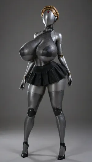 twins from atomic heart, full metallic body, full metallic robot body, full metallic skin, faceless, no eyes, no mouth, no nose, mega busty, massive huge mega breasts, massive tits, gigantic breasts, erected nipples, black nail polish, black choker, ultra beautiful woman, ultra detailed textures, perfect long legs, long and hard nipples, big roung bubble butt, bulging ass, hour glass figure, thick thighs, beautiful long legs, BadX, woman, robot, joints, blond, hair, thighhighs, redstar, on, forehead, bodysuit, thigh, gap, large, breast, reflexion, metallic, (wearing goth halter top, goth skirt:1.5), <lora:Venus_Body_Alpha:.8>, <lora:Twins1024:.8>, <lora:EnvyMetallicXL01:.8>