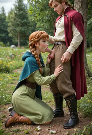 Anna from frozen, sucking dick, kneeling, blowjob, outside, long hair, anna, of, arendelle, black, bodice, twin, braids, boots, tunic, long, hair, cloak, long-sleeved, <lora:Frozen_-_Anna_SDXL:.8>