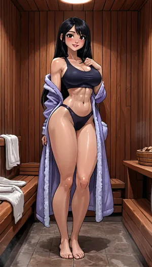 (innv meets jack cayless style:1.2), (hentai anime style:1.2), (reiq style:1.2), (masterpiece:1.2), masterpiece, cel-shaded, limited color palette, ((beautiful muscles perfect sexy Tifa Lockhart body:1.1)), solo, alone, (big curves muscles body), (happy face, big perfect breast, muscles body, muscles arms, perfect muscles legs, muscles ass, feet hard Naples, hairy arm Pit hair, looks erotic), ((in a sexy bathrobe), (tightly Sports bra), (tightly Underwear Sports panty), (came toe)), (seductive pose), (inside, sauna, bath, hotel), full body in view, raver, sidecut, ultraviolet light, cleavage breast, Tifa, Lockhart, <lora:LCMTurboMix_Euler_A_fix:2>, <lora:EnvyCuteXL01v12:2>, <lora:EnvyAnimeDigitalPaintingXL01:2>, <lora:EnvyCuteSliderXL01:2>, <lora:Tifa-Lockhart-Pony:2>