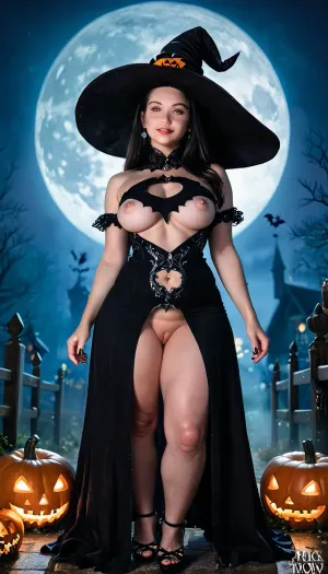 High-quality, extremely detailed 8K HD cinematic photo, a MASTERPIECE.
A beautiful sexy witch woman, full body, curvy woman, 35 years old, pale white skin, very long black hair, medium breasts, erect nipples, shaved vagina, topless, seductive woman, powerful woman, dressed in a long, tight dress adorned with mystical symbols, (outfit with bust cutout:1.4), (a witch's hat), illuminated pumpkins, immense full moon, (a small European-style town:1.5), (Halloween celebrations with trick-or-treating:1.5), parents watching the witch, dark night, (nude), (pretty face:1.8), ., plump, skindentation, chubby, bbw, venus, body, big, breasts, ass, detailxl, <lora:Chubby BBW - XL:1.2>, <lora:Chiaroscuro-v1:.8>
