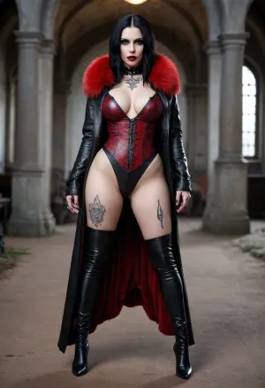 extremely gorgeous and dangerous vampire goth woman, she is a mix of Norwegian, Icelandic and Swedish, albino skin, long black hair, skimpy exotic black and red BDSM latex suit, coat with fur collar, full-body shot, curvy body, wild pose, her body and ass are covered in tattoos