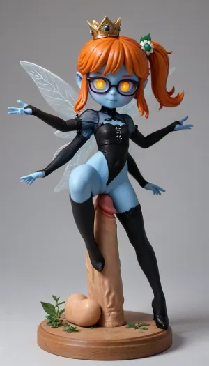 high quality fantasy art of a beautiful adorable super cute femboy fairy made of red snow, glowing within, delicate figurine, kawaii, chibi, adorable, ginger, glasses, big ass, flexible, spreading legs, arched back upwards, goth, 30 year old, wery long hair, (skinny:2), (belly bulge:1.4), futa masturbate your huge horsepenis, ginger heir, Squatting, (((Giant pussy BlackDildo))), hyper massive huge extreme insane pussy dildo, extreme pussy insertion, Largest dildo possible, huge pussy toy, full body view, extremely wide dildo too big for futa and stretches pussy to breaking point, hyper extreme dildo wider than her thigh, pussy dildo, extreme insertion, hyper insertion, Biggest dildo imaginable, show full body in view, tiny odd little pixie, long spindly arms and mantis-like proportions, no pupils, glowing eyes, anime style, blue skin, f/1.4 lens, bokeh, tiny Daisy fairy princess, insect wings, see-through gossamer, in heat, in a video game, bombshell hair, glowing ginger hair, side ponytail, handstand, <lora:EnvyPixieXL01:1.7>