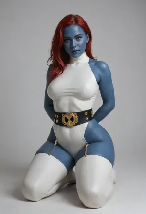 ((mystique from X-Men)), (dark blue skin:1.5), long dark red hair, (bumpy skin), dominant female, bare shoulders, fat ass, thin waist, a skimpy white bodysuit, and a signature gold skull belt/sash, (large woman), (huge hips), kneeling, masterpiece, best quality, highly detailed, Mystique, X-Men, <lora:Mystique X-Men:2>