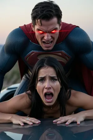 A24 movie aesthetic, High quality, realistic, soft rim lighting, shallow depth of field, highly detailed, masterpiece, dramatic. Superman, (extremely muscled, brillant super flashy red laser eyes, very angry face, agressive, teeth visible), (clothed), is fucking violently from behind a sexy metis woman. She is leaning over a car, lying on her arms spread above, very shocked, afraid, in pain, she cries for help, her mouth open at the maximum, crying hysterically with tears, (streaming down her face, slightly transparent-black)