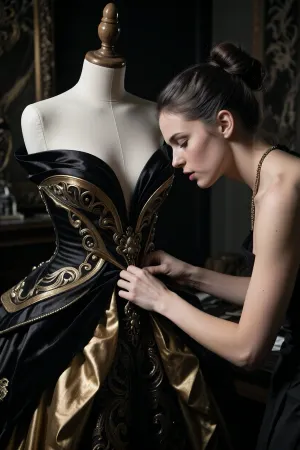 Hyper-realistic close-up of a young female fashion designer with dark brown hair neatly tied in a sleek low bun, shown in profile, deeply focused and concentrated as she carefully adjusts the intricate central gold embroidery and structure of an opulent black and gold couture gown on a classic vintage cream-colored mannequin. The luxurious dress features rich black satin and velvet bodice with elaborate baroque-style gold filigree, scrolls, floral motifs and a large ornate central gold panel, combined with shimmering gold metallic fabric panels in the skirt. Dramatic chiaroscuro lighting, moody and atmospheric with strong contrast, deep shadows and warm golden highlights that beautifully accentuate the textures of silk, satin and metallic gold. The designer wears a simple black top and delicate gold chain necklace. Sharp focus, photorealistic, high detail, fashion editorial magazine style, best quality
