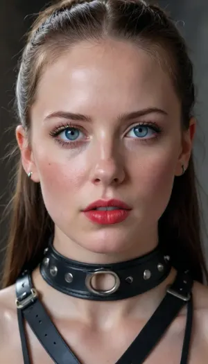 Photorealistic close-up portrait of a young woman with fair skin, light freckles, and striking blue eyes, looking slightly to the left with a wide-eyed submissive expression. She has long dark brown hair tied in a high ponytail. She wears a black leather head harness with multiple straps crossing her face, cheeks and forehead, tightly buckled. A large bright red ball gag is deeply inserted in her mouth, stretching her lips, with black leather straps securing it around her head and under her chin. Soft dramatic lighting, slight sheen on skin, realistic skin texture, detailed leather texture and metal buckles. Dark textured concrete background, shallow depth of field, cinematic atmosphere, highly detailed, photorealistic, 8k.