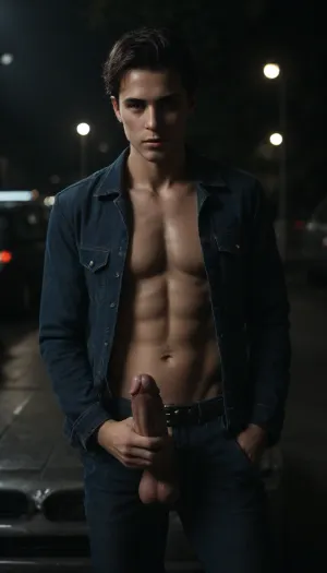 Fully erect cock. upward medium cock, One man. Solo, night-time, dark, streetlights, close-up.25 years old muscular man, tall man, short black hair, short hair, straight hair, front view, standing next to car in car park at night, wearing opened dark blue denim jacket with long sleeve, empty chest, cock sticking out from his jeans, with sexy shiny leather belt, wear neck male silver medallion, veiny cock, medium curved cock, oiled, glistening cock, masturbating, splasy cum dripping from cock, nightime, moonlight, standing for viewer, looking directly at me, eye-contact, looking, at, viewer, <lora:looking_at_viewer:.8>, <lora:dark:.8>