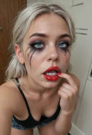 Midjourney, solo, (19 year old+preppy+tanned_skin+crossfit_body+light blue eyes+heavy makeup+smudged lipstick:1.5), pale skin, changing room, (smudged makeup+red lips:1.1), pale white skin, (white hair), messy hair, pigtails, top down view, (side view), (taking a selfie:1.6), (finger pointing to mouth:1.6), black shirt, goth makeup, torn black stockings, plaid skirt, cleavage, torn clothes, small breast, perky breasts, skinny face, sharp face features, skinny legs, small ass, skinny thighs, shaved pussy, (excessive cum leaking from pussy:1), cum on pussy, standing up, legs spread, lifting skirt, running, dribble, from, tongue, tears, in, mouth, chin, nose, lip, forehead, lipstick, smear, crying, gagged, gagging, gag, half-closed, eyes, closed, oral, invitation, after, fellatio, cum on face cumshot, cumfacial, facial