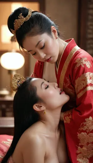 pretty chinese milf semi nude in tang dynasty clothing kissing the servant