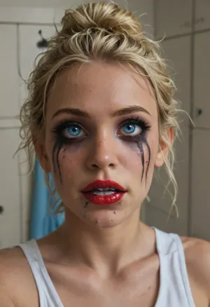 Midjourney, solo, (19 year old+preppy+tanned_skin+crossfit_body+light blue eyes+messy blonde updo+heavy makeup+smudged lipstick:1.5), close view, pale skin, changing room, (smudged makeup+red lips:1.1), pale white skin, (white hair), messy hair, pigtails, top down view, (side view), (taking a selfie:1.6), (finger pointing to mouth:1.6), black shirt, goth makeup, torn black stockings, plaid skirt, cleavage, torn clothes, small breast, perky breasts, skinny face, sharp face features, skinny legs, small ass, skinny thighs, shaved pussy, (excessive cum leaking from pussy:1), cum on pussy, standing up, legs spread, lifting skirt, running, dribble, from, tongue, tears, in, mouth, chin, nose, lip, forehead, lipstick, smear, crying, gagged, gagging, gag, half-closed, eyes, closed, oral, invitation, after, fellatio, cum on face cumshot, cumfacial, facial