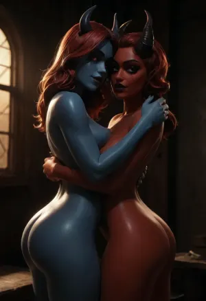 score_9, score_8_up, score_7_up, highres, best quality, high-detail, masterpiece, dramatic lighting, shadows, (Fortnite:1.5), (Pixar:1.3), (reiq:1.3), BREAK.

2girls, (demonic:1.5), ((red demon girl has red colored skin)), ((blue demon girl has blue colored skin)), (horns:1.3), naked, breasts, ass, ((happy)), ((embrace)), BREAK.

fantasy rpg, <lora:add-detail-xl:1>, <lora:detailed_notrigger:1>, <lora:dark:.1>