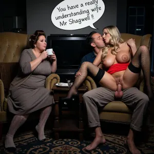 A mature couple are watching television from the comfort of two armchairs separated from each other by a small coffee table in a dark sitting room. In one armchair, The mature obese woman is fully dressed in a medium length dowdy dress and a cardigan, wrinkled stockings, and her brown hair in rollers. She is intently looking forward watching the TV while drinking a cup of tea. She is ignoring the action going on in the other armchair. In the other armchair the man has a partly dressed voluptuous young woman sitting on his lap, she is topless, massive breasts, full lips, long wavy blonde hair, much makeup, her red skirt pushed up to her waist, black fishnet tights, and her panties around her ankles. The man has his shirt open, and his trousers down around his ankles, and the young woman has her hairy pussy impaled on his erect cock, virginal sex, fucking. They are kissing and groping each other, speech Bubble “ You have a really understanding wife Mr Shagwell !”, the only Light source is the TV so deep shadows, chiaroscuro