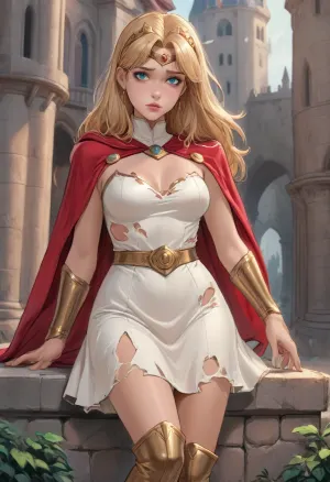 reiq style, (Thick outline:1.4), ((Cartoon Style:1.5)), ((Hentai)), (Masterpice), (HD4K visual), She-Ra from Masters of the Universe, long blonde hair, Golden tiara, Golden collar, ripped white strapless short dress, ripped dress, Golden belt, short red cape attached to the back, Golden gauntlets on the forearms, golden high-heeled boots, sad, beated, defeated, humiliated, close-up, outside ruined castle, ratatatat74, woman, dressed, in, a, white, costume, miniskirt, golden, headband, red, cape, <lora:ratatatat74-000050:.8>, <lora:cartoon_stickers_xl_v1:.8>, <lora:She-ra-1024:.8>, <lora:outline_xl_kohaku_delta_spv5x:.8>