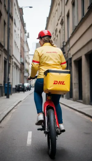 Curvy postwoman, DHL, on e bike