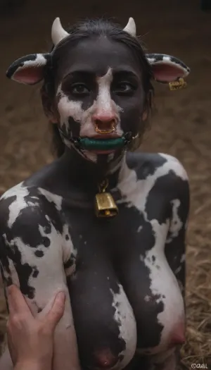 25 year old woman, alone, (nude, ultra black skin, coal black skin, white spots bodypaint:1.2), 1/2 view, a black bit gag in her mouth, (hucow, human cow, cow nose cow ears, human face:1.6), big breasts, <lora:add-detail-xl:.8>, <lora:gagged-4e:.8>