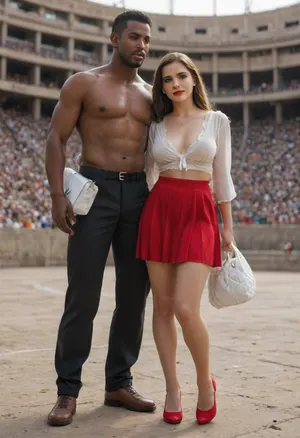 Cinematic, golden light, busy downtown Rome metropolis, Colosseum in background, a French woman and pale skin tone, vibrant green eyes, wearing red skirt and white transparent blouse, large natural breasts, luxury bag, expensive jewelry, red lipstick, red high heels, black African man standing next to woman, African man dressed as warrior.