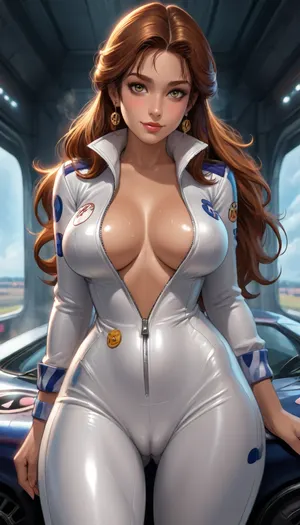 ((reiq style)), from head to thighs, beautiful woman, Caterina Sforza from Assassin's Creed II, pale skin, high ponytail, gorgeous, masterpiece, close up, (sexy pose), sweat, eyes looking at viewer, smile, blushing, 1girl, at racing track, (strong sunlight), long hair, mid parted hair, brown tan skin, (wearing yellow vinyl racing suit, partly unzipped:1.3), (camel-toe:1.2), (big breasts), nude tits, (intense blushing), steam, solo