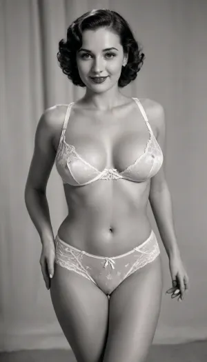 (black & white picture), . This is the page of a lingerie catalog of the 30's, we find the same model in each photo. She wears white lingerie typical of the 1930's. there are four photos in all. full body view, smile, (saggy breasts:1.5)