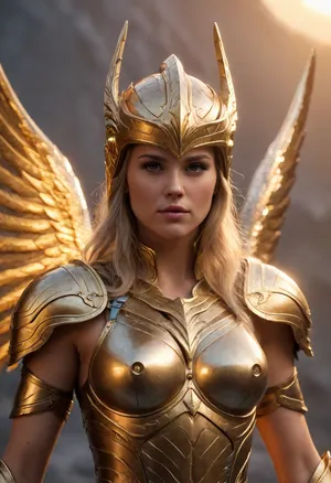 (Ultra-realistic, 8k UHD), mist at dawn, a beautiful scandinavia valkyrie in golden valkyrie armor and a winged helmet, bathed in the golden light of dawn that highlights details, detailed face, texture on the armor, (ambient mist), (dawn lighting), (close-up), body texture, armor texture, valkyrie, <lora:valkyrie_xl_v1:.8>