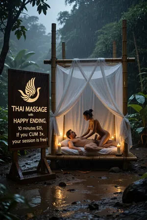 In a misty, rainy dark jungle in Thailand at dark night, the monsoon rains pour heavily, the ground is slick and muddy, the air thick with cool humidity, a minimalist but huge bamboo structure stands, composed of four vertical bamboo poles, wrapped in a soft, (closed white cloth:1.4), that shrouds the interior, inside the cozy massage area, a warm, golden glow emanates, as candlelight flickers gently through the fabric, bathing the space in a serene, protective ambiance, an detailed European man, 30 years old, lies on his back on a soft and clean mattress, realistic penis, and a beautiful detailed nude woman from Thailand, 28 years old, dark skinned with firm tits and skinny figure, kneels beside him, massaging him softly, perfect anatomy, Both individuals are discernible only as shadowy silhouettes through the opaque fabric, in the foreground a big wooden sign stands, with a symbolic graphic, a stylized hand and a penis, symbolizing special Thai massage, 2 treatments are listed, with clear and clearly legible white letters, "THAI MASSAGE with HAPPY ENDING, 10 minutes $25, If you CUM 3x, your session is free!", each letter softly illuminated, as mist drifts outside, the jungle alive with rain, A dirty, well-used enduro park nearby