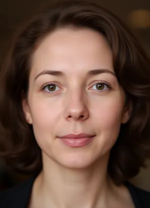Ultra-detailed photorealistic portrait of a mature European woman, age 45–50, with long vertical facial proportions, subtle asymmetry, intelligent academic appearance, and emotionally observant gaze. Narrow elongated oval face, visually “pulled downward” rather than wide. High forehead, relatively flat cheekbones without glamorous volume, soft narrow jawline, small rounded chin. Face length noticeably greater than width, creating a refined intellectual silhouette rather than a fashion-model look. Fair neutral-warm skin with realistic mature texture, soft pores, faint under-eye folds, visible nasolabial structure, natural age lines, authentic mature beauty. Medium-sized hazel eyes with brown-green tones, slightly rounded in the center rather than sharply almond-shaped. Eyes deeply expressive, focused, thoughtful, slightly tired, with psychological intensity. Heavy upper eyelids, low brow placement, visible upper lid weight. Outer eye corners only subtly lifted. Eyes spaced naturally at approximately one eye width. Medium-thick natural eyebrows with soft angular arches, positioned relatively low above the eyes, reinforcing a concentrated intellectual expression. Long straight nose with narrow upper bridge and refined structure. Nose slightly longer than average facial proportion, bridge thin near the radix, softly rounded nasal tip, compact nostrils. Inner eye corners align closely with outer nostril edges. Lips are highly characteristic, thin upper lip, noticeably fuller lower lip, soft muted berry or natural rose tones. Slightly downturned mouth corners create a restrained serious expression. Mouth width moderate, not wide. Moderate philtrum length. Strong vertical tension between nose, lips, and chin contributes to recognizable facial identity. Thick chestnut-brown hair with warm copper undertones, styled in naturally voluminous curls or soft waves. Hair volume concentrated around temples and sides of the face, creating a recognizable rounded silhouette around the head. Chin-length or shoulder-length layered curly bob. Expression calm, analytical, introspective, emotionally intelligent, slightly severe but warm underneath. Looks like a psychologist, writer, professor, documentary filmmaker, or public intellectual rather than a celebrity or fashion model. Cinematic editorial realism, highly detailed facial anatomy, authentic mature proportions, natural soft lighting, realistic skin texture, shallow depth of field, 85mm lens, subtle shadows, photorealistic, no glamour retouching, no exaggerated beauty styling, no perfect symmetry.
