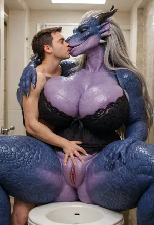 Simple background, bathroom, masterpiece, best quality, amazing quality, (huge anthro female, massive dragon woman:1.5), bigger female, huge size difference, scales, Beautiful face, makeup, thick lips, black lips, gray hair, long hair, long snout, gigantic round breasts, big thighs, bbw body, milf, (purple skin), (wearing a dark lace negligee, clevage slip, excessive cleavage), (kissing a human male, deep passionate kiss, spreading her pussy:1.5), hugging, (((furry art, anthro woman))), ultra detailed dragon body, <lora:LCMTurboMix_Euler_A_fix:.8>
