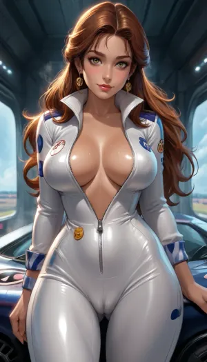 ((reiq style)), from head to thighs, beautiful woman, Caterina Sforza from Assassin's Creed II, pale skin, high ponytail, gorgeous, masterpiece, close up, (sexy pose), sweat, eyes looking at viewer, smile, blushing, 1girl, at racing track, (strong sunlight), long hair, mid parted hair, brown tan skin, (wearing yellow vinyl racing suit, partly unzipped:1.3), (camel-toe:1.2), (big breasts), nude tits, (intense blushing), steam, solo