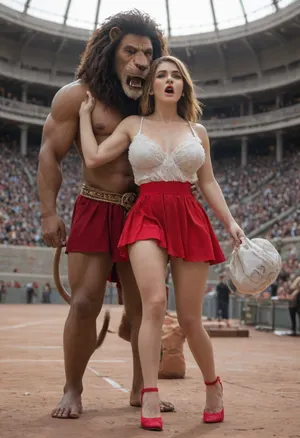 Cinematic, golden light, busy downtown Rome metropolis, Colosseum in background, (((a roaring lion is visible in background))), a French woman and pale skin tone, vibrant green eyes, wearing red skirt and white transparent blouse, large natural breasts, luxury bag, expensive jewelry, red lipstick, red high heels, black African man standing next to woman, African man dressed as Colosseum gladiator, ((man holding sword in left hand))