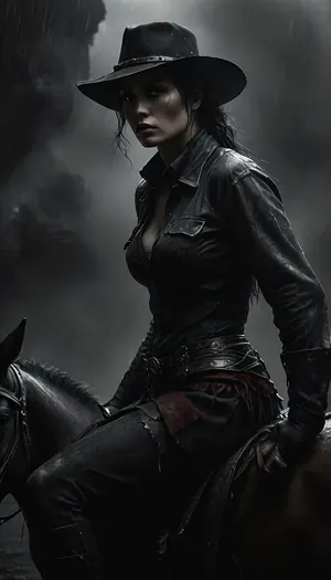 Reiq art style, Monochrome, Wild West 1790, a super sexy athletic and flat-chested gunslinger riding her horse through the amazing Rocky Mountains on a hard rainy day, (sits on horse saddle:1.7), lasso on saddle, (entire horse in frame:1.3), (hard rain:1.3), (soaked wet clothes:1.3), she wears, (a wet long beige dirty used coat:1.3), underneath a wet white cotton rough men's shirt with buttons, (a wet dark red miniskirt:1.4), (black fishnet stockings:1.4), cowboy boots, (a cartridge belt with a pistol holder around her waist:1.4), her very wet black hat is pulled low over her face, perfect face, perfect hands, dangerous aura, leaning forward against the rain and mist, wet perfect horse, breathtaking nature, (oil lamp in one hand:1.3), warm golden lamplight in rainy darkness, emphasizing a cinematic, dystopian cowboy atmosphere, art Style & Technique is a dirty old style, Ultra-realistic digital painting with cinematic depth of field. Highly detailed texturing on leather, skin, and hair, dramatic contrast lighting and warm oil lamp light, a sharp foreground focus and a slightly blurred background to create depth, masterpiece, best quality, ultra-detailed, cinematic lighting, wild west, smoking weed, cannabis, Ultra-realistic Western art, highly detailed, cinematic moody lighting, tense but charismatic atmosphere, FRESHIDEAS, Real, Photography, 2#, Black, and, white, art, black, shading, charcoal, toned, brutal, dark, b/w, color, scheme, kisyu, horse, full body view, riding, <lora:FRESHIDEAS Real Photography 2#:.8>, <lora:MJ52:.8>, <lora:Black and white art.V1:1.9>, <lora:kisyu_XL_V1.0:.8>, <lora:dark:.2>